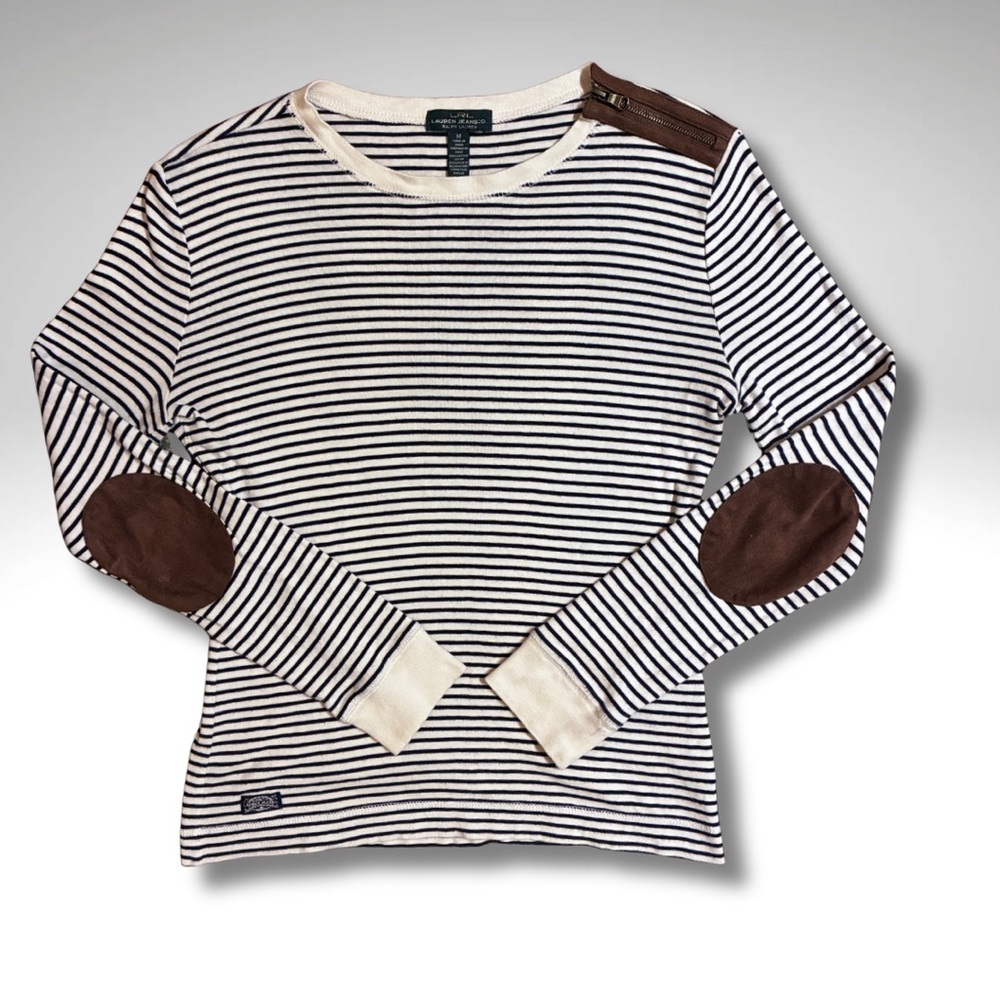 Ralph Lauren Black and Cream Striped Long Sleeve Tee with Brown Elbow Patches